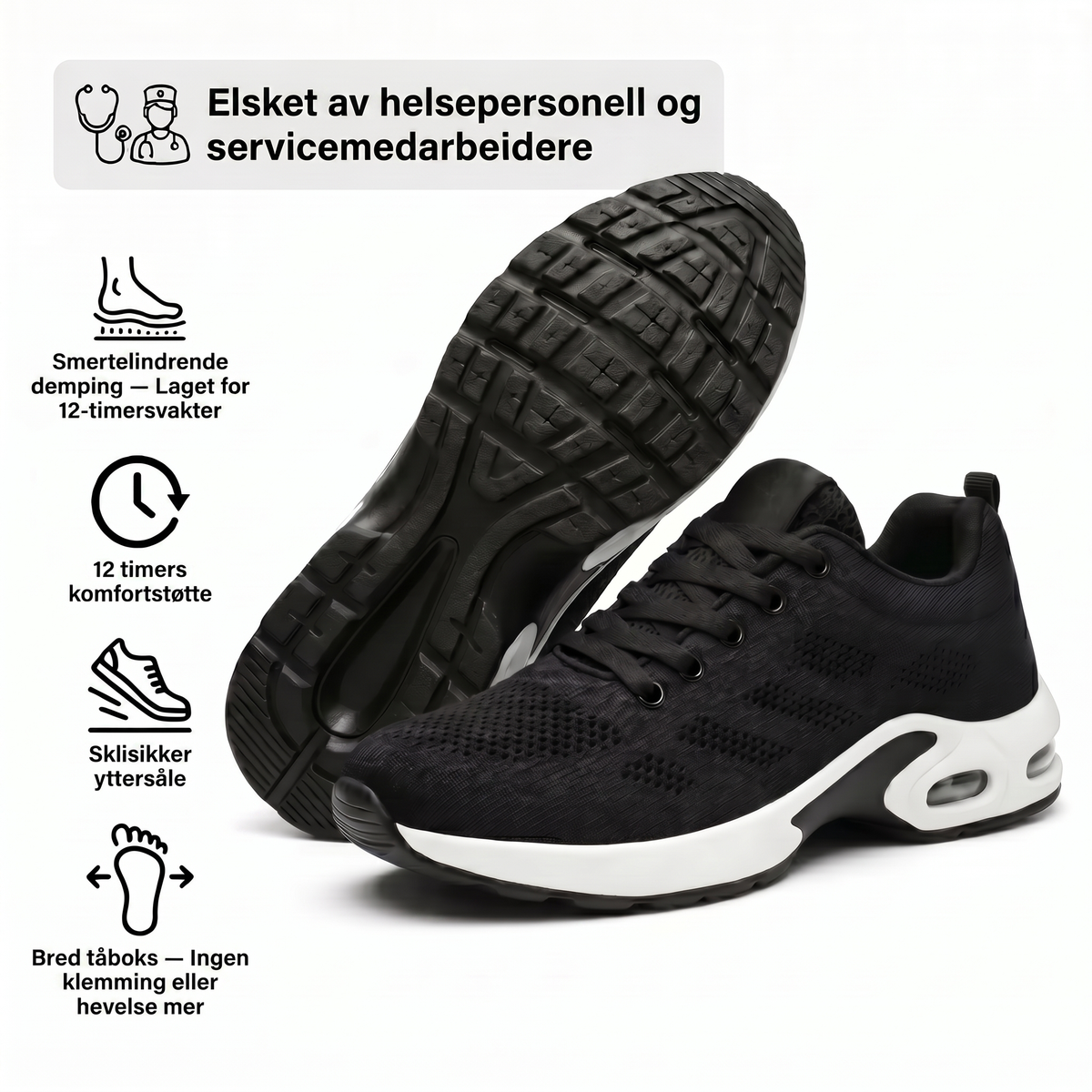 OrtoFlex™ – Sko for 12-timersvakter, lindring av fot-, kne- og ryggsmerter hele dagen